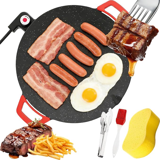 Electric Indoor Grill Nonstick Smokeless, 12/14/16 Inch Korean BBQ Grill with Temperature Control, Fast Heating Korean Style Round Grill, Includes Oil Brush & Food Tongs for Steak Pancakes BBQ (12in)