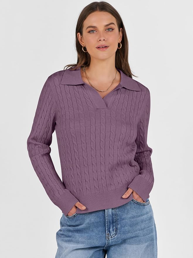 ANRABESS Womens Cable Knit Sweaters Long Sleeve V Neck | Pullover Collared Sweater Tops, Polo Knit Shirts, Business Casual Work, Tennis Golf, Fall Winter Fashion Outfits