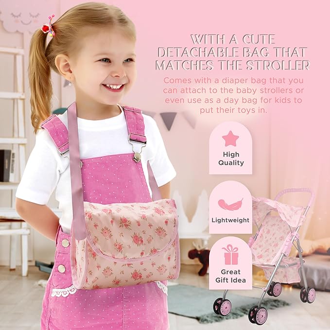 Baby Doll Stroller Bed and Seat Nursery Playset, Baby Doll Accessories Furniture Set High Chair Diaper Bag Role Play Deluxe Baby Doll Floral Set