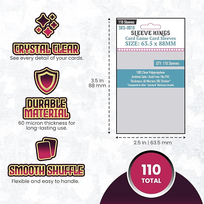 Sleeve Kings Standard Card Sleeves – 110 Count, Clear 60 Micron Thickness, Medium MTG Size (63.5 x 88 mm), Compatible with Magic: The Gathering & More – SKU: SKS-8810