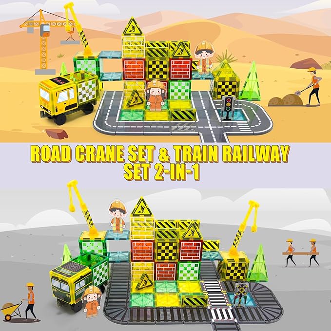 Magnetic Tiles Magnetic Construction Set with 2 Dolls, Cars, Train, Train Tracks, Building Sensory Toys for 3+ Year Old Boys & Girls Creative Kids Games Birthday Xmas Gifts