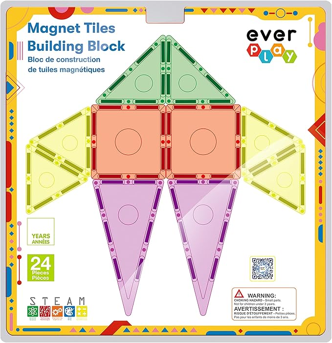 24 Piece Magnetic Tile Building Blocks for Kids Pretend Play STEM Educational Learning Preschool Toys Magnet Tiles Stacking Block Creative Playset for Toddlers Boys Girls Ages 3 and up EB24