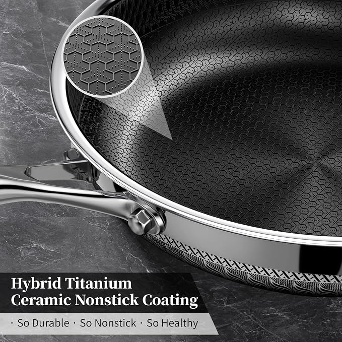 Innerwell 12 Inch Non Stick Frying Pan with Lid, Induction & Oven Safe | TitCeramic Tri-Ply Stainless Steel Hybrid Nonstick Skillet, Stay Cool Handle, Heat Fast and Evenly, PFAS/PFOA/PTFE Free