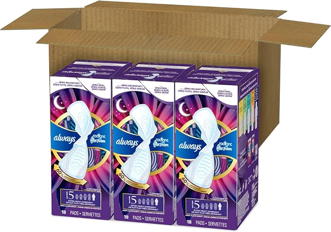 Always Radiant Feminine Pads for Women, Flexfoam Pads with Wings, Size 5, Extra Heavy Overnight Absorbency, Lightly Scented, 54 Count (3 Packs of 18)