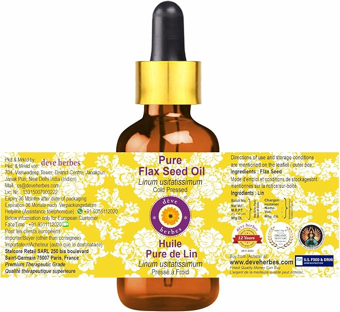 dève herbes Pure Flax Seed Oil (Linum usitatissimum) with Glass Dropper Cold Pressed (Pack of Two) 100ml X 2 (6.76 oz)