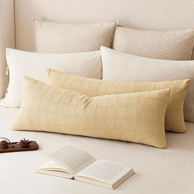 Foindtower Set of 2 Decorative Linen Check Throw Pillow Covers Neutral Farmhouse Vintage Cushion Covers Cozy Modern Boho Accent Home Decor for Sofa Chair Couch Bed Living Room,14×36 Inch,Light Yellow