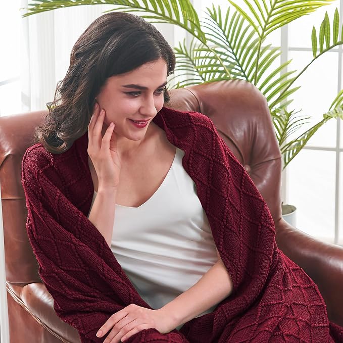 inhand Claret Knitted Throw Blanket for Couch and Bed, 50"x60" | Gifts for Mom from Daughter Son, Soft Lightweight with Tassel, Farmhouse Warm Decorative Blanket for Women, Cozy Knit