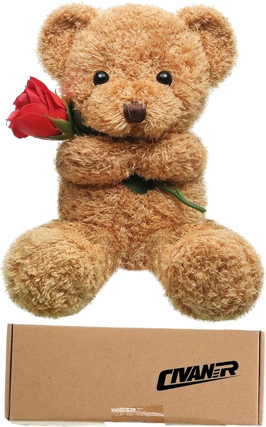 Civaner Bear Stuffed Animal Gift with Rose Funny Cute Bear Stuffed Animal Plush Gift for Mother Girlfriend Birthday Wedding, 11.8 Inches(Beige)