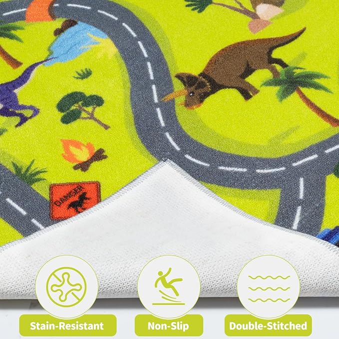 LIVEBOX 5x7 Dinosaur Adventure Rugs for Boys Bedroom,Non Slip Playroom Kids Car Track Rug Collection Safari Road Map,Educational & Game Play Carpet for Kids Room Classroom Living Room
