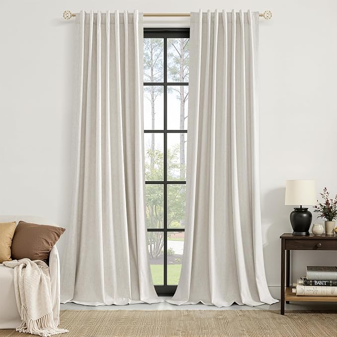 Guken Extra Long 100% Blackout Linen Curtains for Bedroom 108 inches Long, Thermal Insulated Room Darkening Black Out Drapes for Living Room, Back Tab Rod Pocket 2 Panels Set,Modern,52x108
