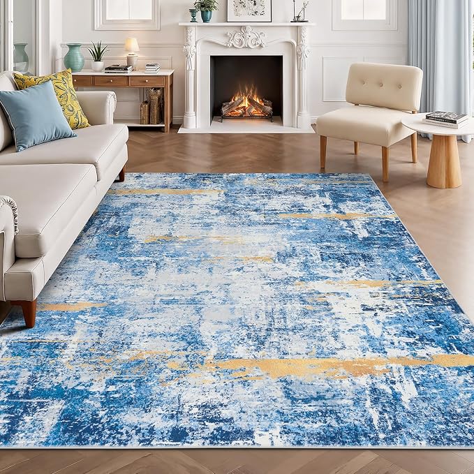 Rugflix 5x7 Area Rugs for Living Room, Washable Sky Blue Gold Large Rug | Machine Washable; Stain-Resistant; Low Pile; Non-Slip; Modern Abstract; Carpet for Bedroom Dining Office Nursery Home