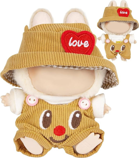 3-Piece Doll Clothes for Labubu & 17cm Dolls – Stylish Fisherman Hat Set, Kawaii Doll Outfits with Accessories for Collectors or Display - Yellow Smiley (No Dolls)