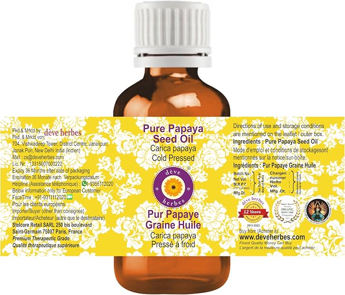 Deve Herbes Papaya Seed Oil (Carica Papaya) | Cold Pressed | Pure | Natural | Undiluted | for Diluting Essential Oils | for Skin & Massage | Non-Sticky| Lightweight| Men & Women | 50ml (1.69 oz)