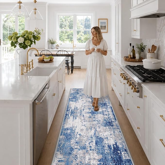 RELEANY Washable Runner 2'x6' Abstract Area Rug for Hallway Blue Gray | carpet for kitchen, entryway, bathroom, living room, bedroom, printed pattern, non-slip, soft, stain-resistant, easy to clean