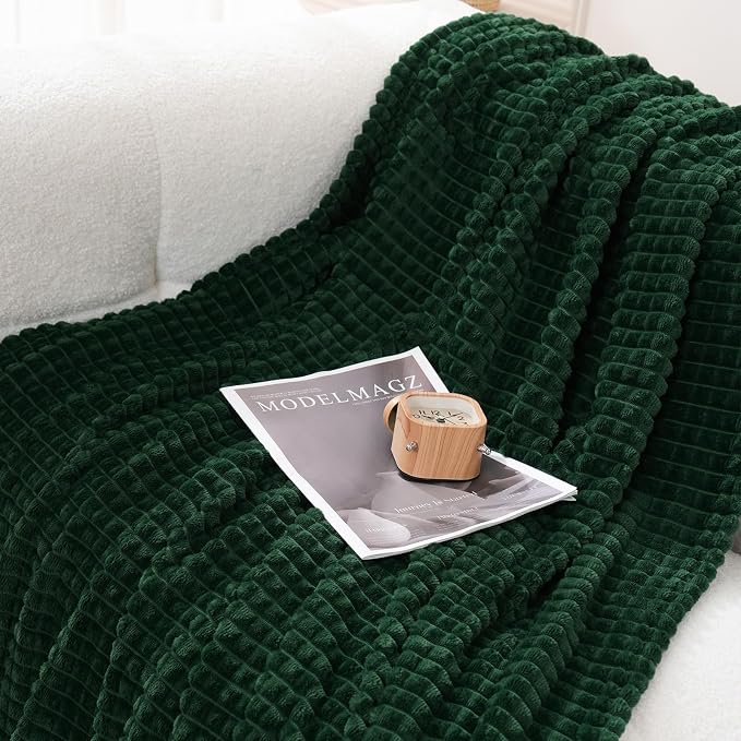 Puncuntex Fleece Throw Blanket Dark Green 90"×90" with Square Grid Design | Super Soft Plush Cozy Flannel Throw Blanket Luxury for Couch Sofa Chair