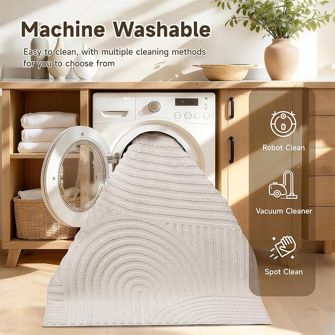 Pauwer 3x8 Area Rugs for Living Room, Modern Non Slip Washable Rug, Beige | Arch Pattern, Soft Fluffy, Neutral, Boho Accent, Solid Color Floor Carpet, For Kids Room Dining Room Nursery Entryway