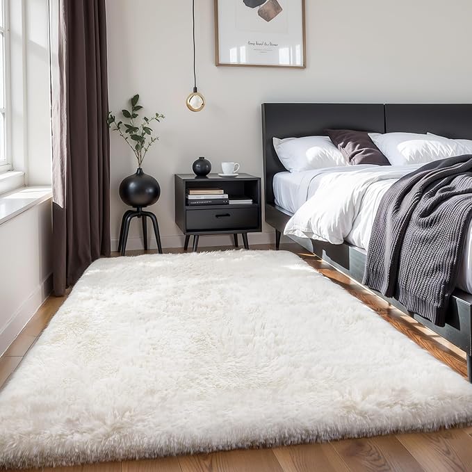 KICHOWUA 4x6 Thick Cream White Fluffy Shag Plush Washable Rug for Bedroom | Area Rug for Living Room, Kids Nursery, Boys Girls Dorm Room, Non Slip Shaggy Carpet