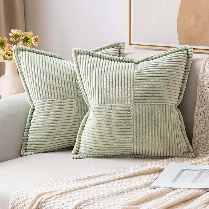 MIULEE Decorative Throw Pillow Covers for Couch 16x16 Inch Light Green | 2 Pack, Boho Broadside Striped Patchwork Pillow Covers, Soft Corduroy Cushion Cases, For Sofa Bed Livingroom Home Decor