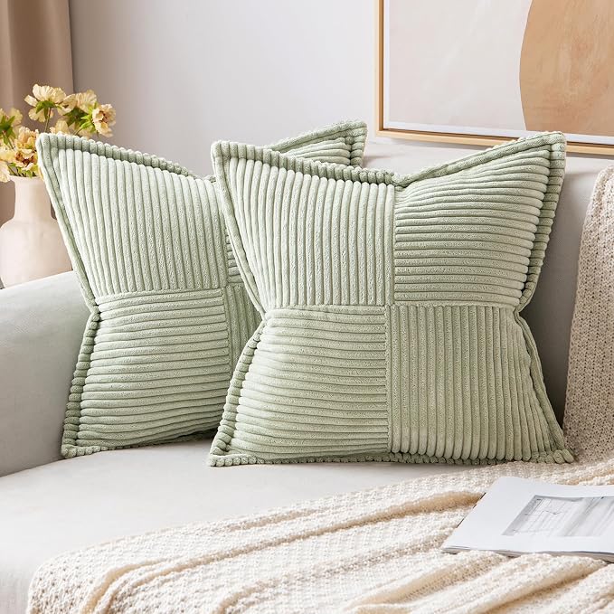MIULEE Decorative Throw Pillow Covers for Couch 18x18 Inch Light Green | 2 Pack, Boho Broadside Striped Patchwork Pillow Covers, Soft Corduroy Cushion Cases, For Sofa Bed Livingroom Home Decor