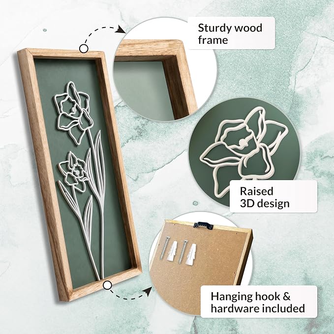 3D Floral Green Wall Art (Set of 2) Lightweight, Wooden Ready-to-Hang Boho Framed Wall Art for Bathroom, Bedroom, Living Room or Office – Premium Sage Green Farmhouse Decor – Gift-Boxed