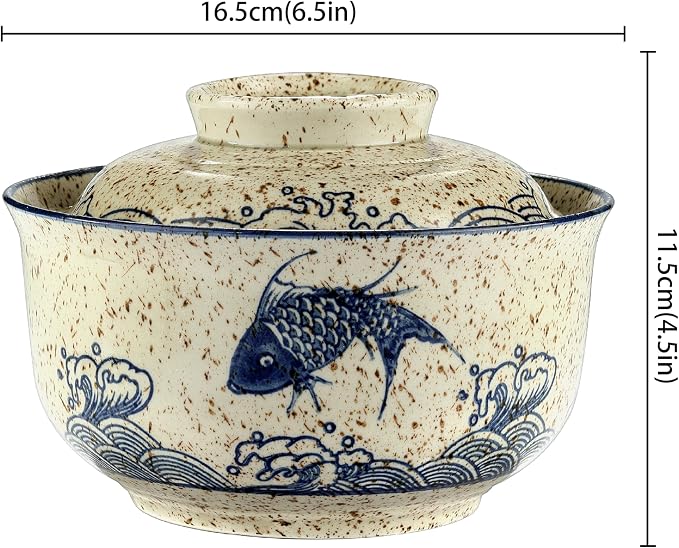 Ramen Bowl, DV 25 OZ Microwavable Japanese Korean Ramen Soup Bowl with Lid, Blue Fish and Wave Design