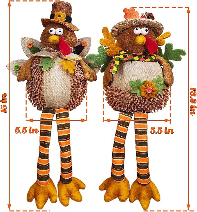 Ogrmar 15 Inch 2 Pack Stuffed Turkey Couple Doll Thanksgiving Tabletop Decorations Exquisite Handmade Turkey Plush Doll Kit for Autumn Harvest Home and Room Table Ornaments