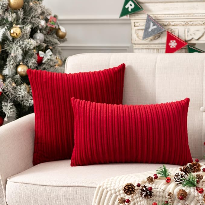 UGASA Pack of 2 Christmas Velvet Pillow Covers Striped, Soft Textured Throw Cushion Accent Corduroy Lumbar Hidden Zipper for Home Decor Indoor (12"x20", Burgundy)