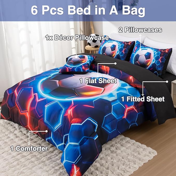 A Nice Night Twin Size Bed in A Bag 6 Pieces Football Comforter Set for Boys Girls Kids Geometric Lightweight Microfiber Bedding Sets,RedBlue