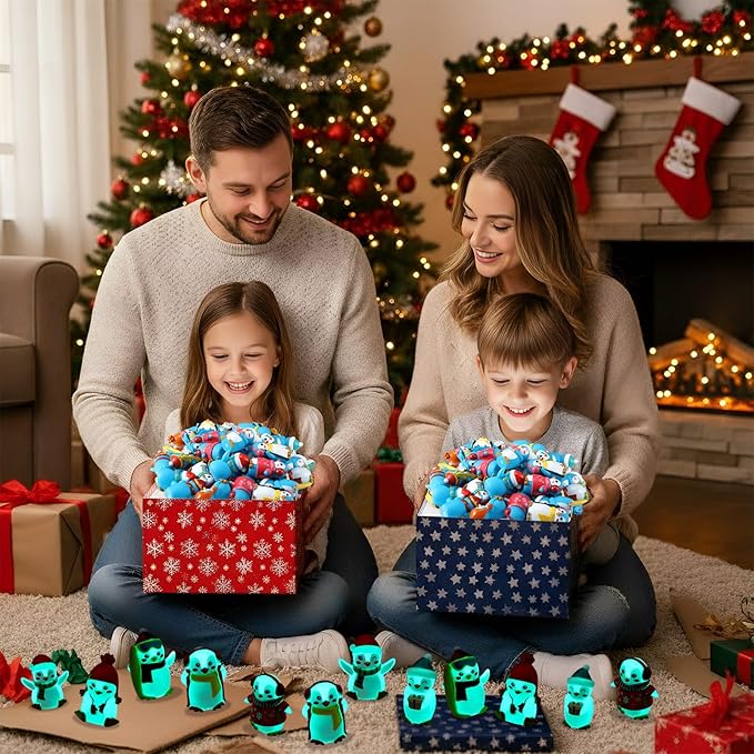 Realspring 36 Pcs Rubber Penguin Valentines for Class Bulk Glow in The Dark Winter Penguin Bath Toy Floating Rubber Animals Cute Cake Topper Gifts for Kids Classroom, Home Car Dashboard Decor (Blue)