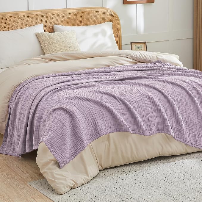 EMME Cotton Muslin Queen Blanket Bed Layering Bedspread Coverlet Breathable Gauze Soft Lightweight Adults (Heather Lavender, 90"x90")