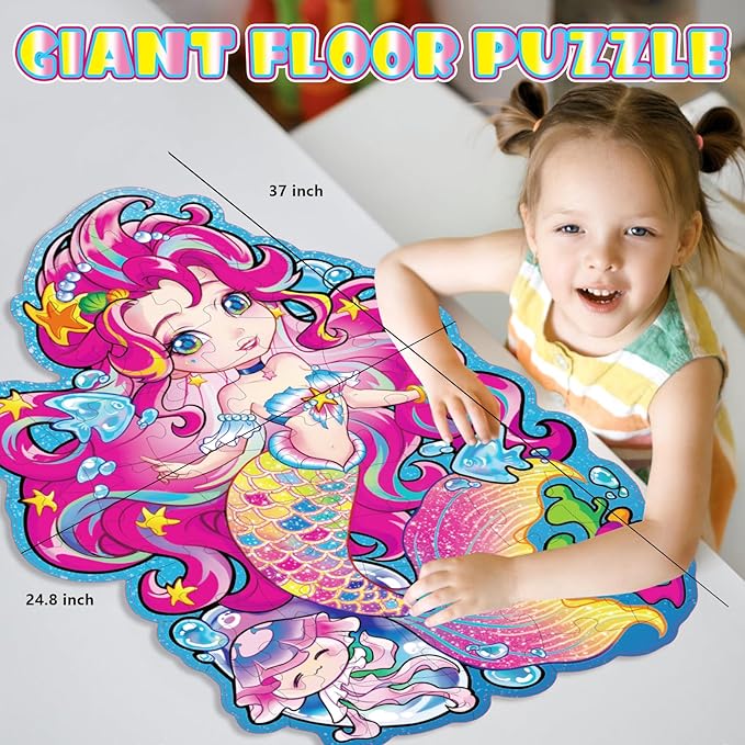 Jumbo Mermaid Floor Puzzle for Kids Ages 6-8 Year Old, Large Toddler Puzzle for Girls Ages 6 7 8 Year Old, Mermaid Girl Gift and Educational Toy for Birthday and Christmas