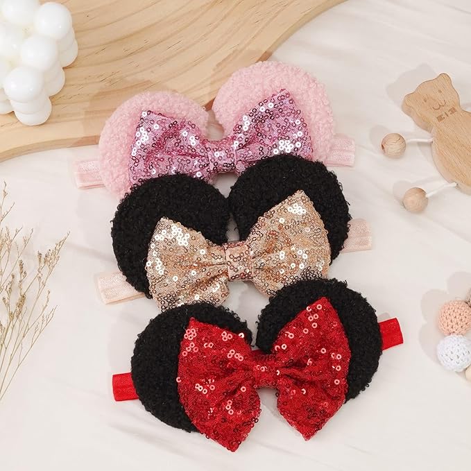 3PCS Baby Girl Mouse Ears Thin Headbands with Sequin Bow, Soft Nylon Hairband, Theme Park Headwear, Hair Bow Headband for Toddler, Kids, Party Supplies