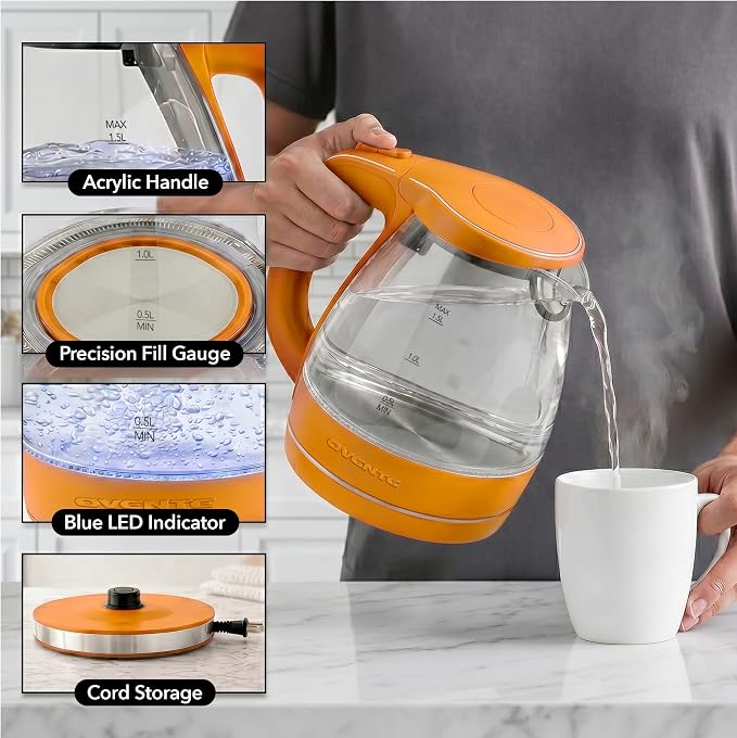 OVENTE Electric Kettle, 1.5L Borosilicate Glass Countertop Water Heater and Boiler for Coffee or Tea, BPA-Free, Auto Shut-Off, Boil-Dry Protection, Removable and Washable Spout Filter, Orange KG83O