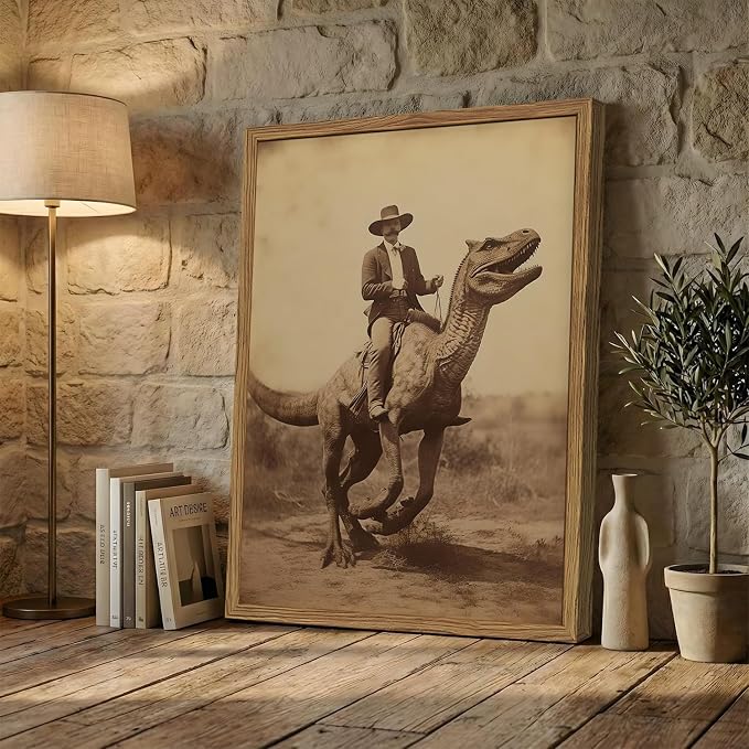 Vintage Dinosaur Cowboy Wall Art Funny Western Jurassic Park Wall Decor Painting, Retro Cowboy Riding Dinosaur Poster Canvas Print Picture for Living Room Bedroom 16x24 inch Wood Framed