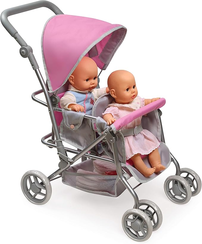 Badger Basket Double Doll Stroller - Pram for Baby Doll with Adjustable Seats & Storage Basket - Fits Doll Up to 20 Inches - Best for Toddler and Kid Pretend Play Ages 3 and Up - Pink/Grey