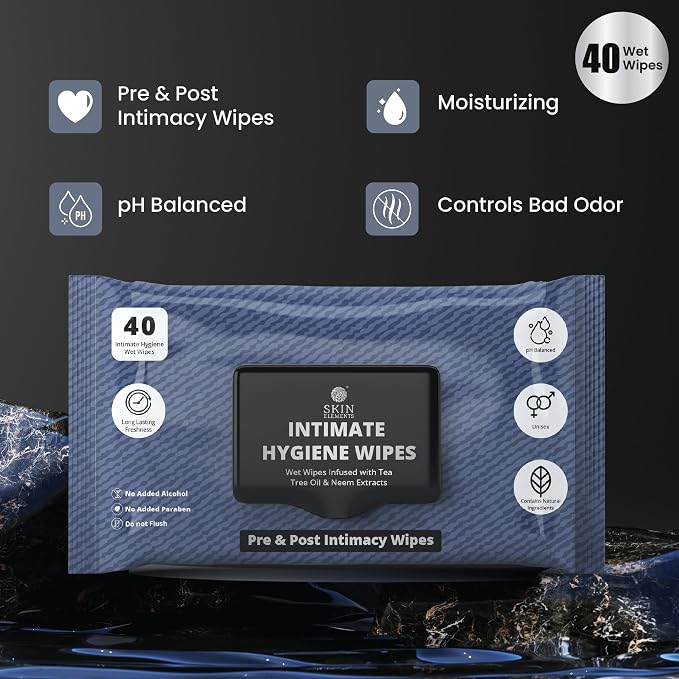 Skin Elements Intimate Hygiene Wipes | Unisex | pH Balanced Wet Wipes | Tea Tree Oil & Neem Extracts | 40 Intimate Hygiene Wipes | Pre and Post Intimacy