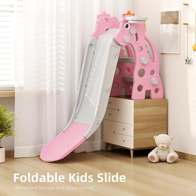 67i 3 in 1 Toddler Slide - 46.8 Inch Long Slide, 10-Min Easy Assembly, Foldable Anti-Tip Stable, Small Indoor Mini Slide for Toddlers 1-3, Baby Inside Slide Resbaladilla Indoor Outdoor Gift (Pink)