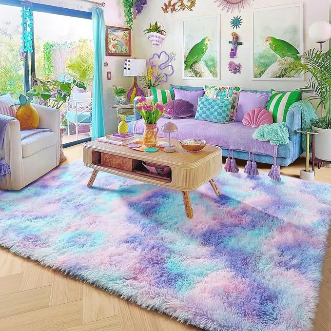 Amdrebio Purple Rainbow Mermaid Small Rug 3x5 for Girls Bedroom Classroom | Fluffy Plush Fuzzy Shag Pastel Kids Carpet, Baby Nursery Dorm Playroom Decor, Cutecore Kidcore Aesthetic, Pink Blue Color