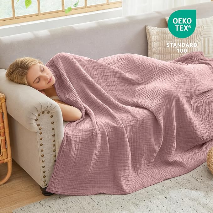 EMME Muslin Blankets for Adults Throw Blanket for Couch Breathable Gauze Soft Lightweight Airy Dusty Pink Queen 90" x 90"