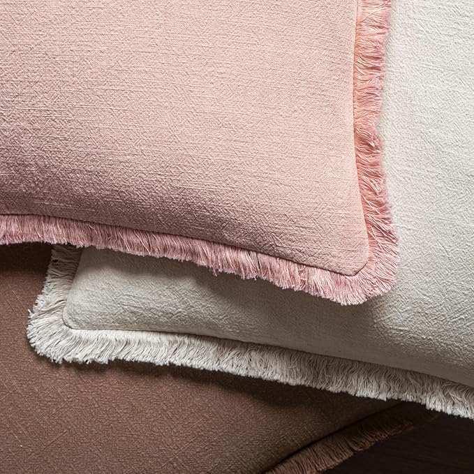 MIULEE Boho Linen Fringe Decorative Throw Pillow Covers Pink 18x18 | Set of 2, Cottagecore Decor, Boho Farmhouse Neutral Pillow Covers, Rustic Couch Cushion Cases for Sofa Bed Living Room