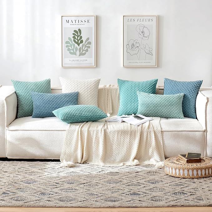 MIULEE Decorative Throw Pillow Covers 18x18 Turquoise Textured Corduroy | Pack of 2 Striped Pillow Covers Modern Farmhouse Home Decor for Couch Bed Sofa Living Room