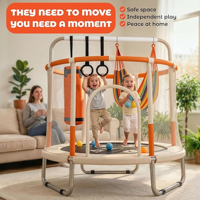 Happin® 55’’ Trampoline for Kids with Safety Enclosure, Indoor & Outdoor Toddler Trampoline, Ultra Safe Design with Multi Activity Accessories, Perfect Toddler Gift for Boys & Girls Ages 1–8
