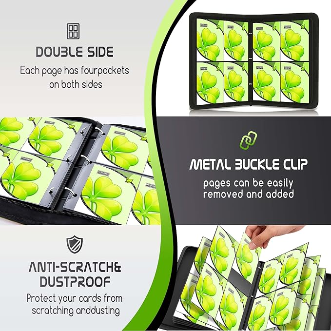 Trading Card Binder 4 Pocket,400 Pocket Card Collection Binder with 50 Removable Sleeves,PU Waterproof Top Card Book,3-Ring Zipper Collectible Trading Card Album for MTG/TCG/Card Holder Gift（(Leaf）
