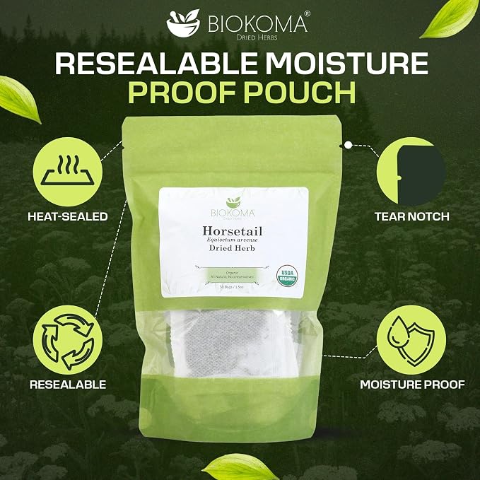 Biokoma Organic Horsetail Dried Herb 30 Tea Bags Shavegrass Equisetum Arvense USDA Organic Herbal Tea Healthy Hair Skin Nails Support Resealable Pouch Pure No Additives Non-GMO Caffeine Free Kosher