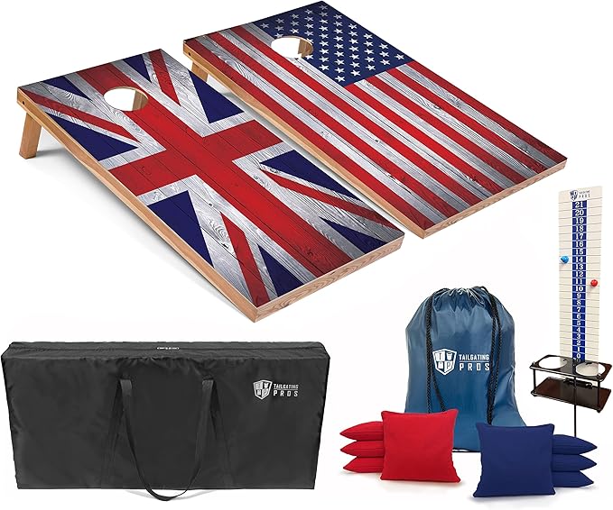 Tailgating Pros 4x2 Regulation Cornhole Boards Flag Set- Includes 8 Bean Bags, Carrying Cases, and Score Keeper - Optional LED Lights