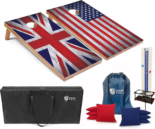 Tailgating Pros 4x2 Regulation Cornhole Boards Flag Set- Includes 8 Bean Bags, Carrying Cases, and Score Keeper - Optional LED Lights
