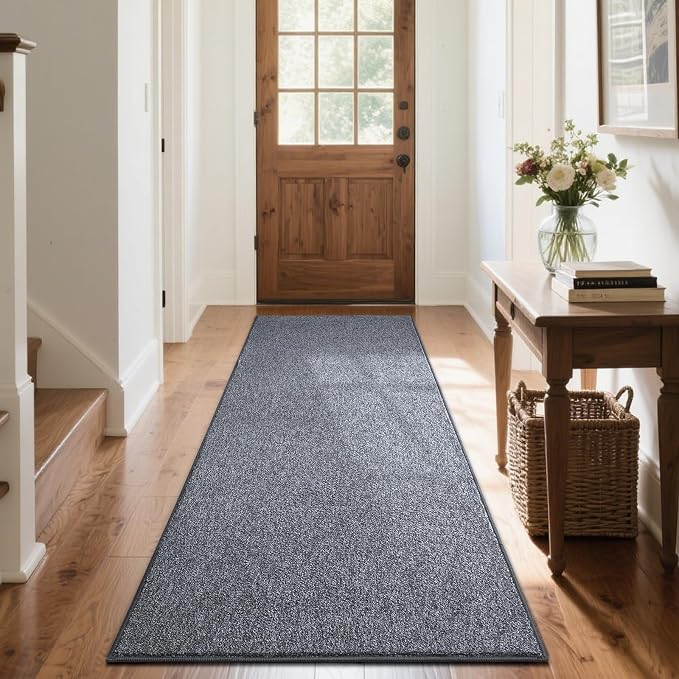 FinRèc 2x8 Washable Runner Rugs for Kitchen Hallway Bedroom, Low Pile Thin Rug Solid Color, Non-Slip Carpet Indoor for Home Decor (Grey Blue/White)