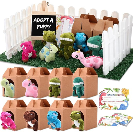 84 Pcs Adopt a Pet Party Favors 24 Mini Plush Stuffed Animals 10 White Plastic Fence 24 Paper Gift Boxes 24 Adoption Cards with Mini Chalkboard and Artificial Lawn (Dinosaur)