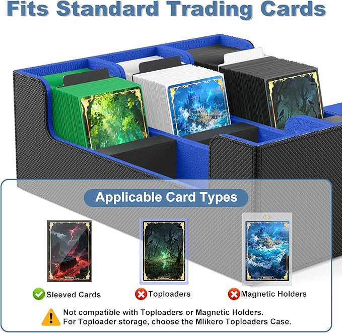 Mlikero Card Deck Case, 1800+ Trading Card Storage Box with 10 Dividers and 3 Foam Stoppers, Leather Magnetic Closure Commander Deck Box Fit for YuGiOh, MTG and Sport Cards(Black&Blue)