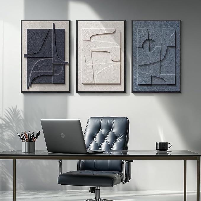 3D Textured Framed Blue and White Abstract Wall Art Set, 3 Piece, 16x24 In | Solid wood frames, raised geometric reliefs, navy blue and ivory tones, modern decor for bedroom living room dining room
